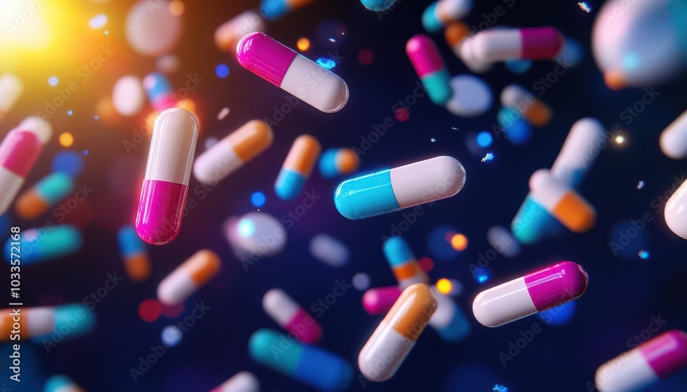 Colorful pills and capsules floating in space, with a dynamic, futuristic design and glowing light effects, symbolizing medicine and innovation