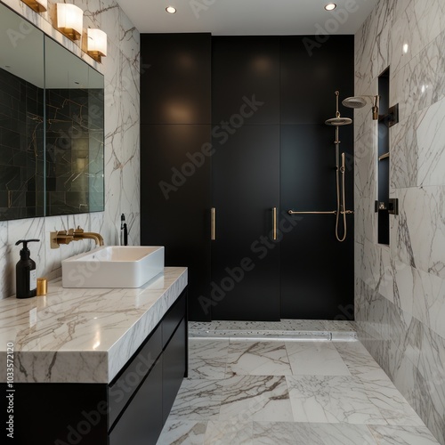 Modern bathroom with black and white marble tiles, gold fixtures, and a walk-in shower. photo