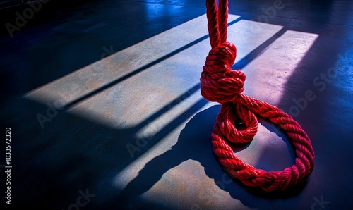 Red rope knotted on blue floor with shadow. photo