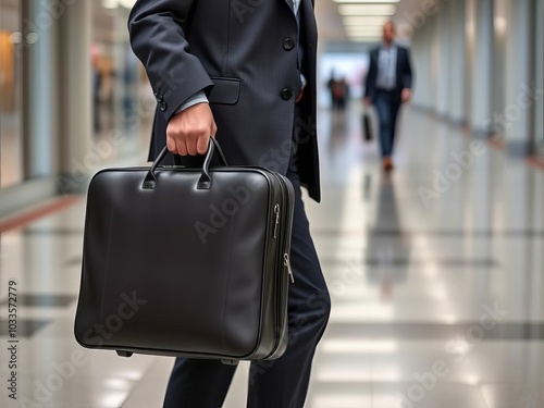 A man is walking down a hallway with a black briefcase in his hand photo