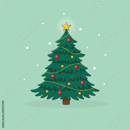 Christmas tree decorated with garland, balls and a glowing star on top. Cartoon style vector illustration.