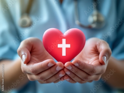 A woman is holding a heart with a cross on it