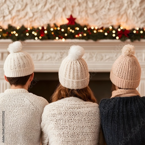 Cozy friends by the fireplace in festive winter hats photo