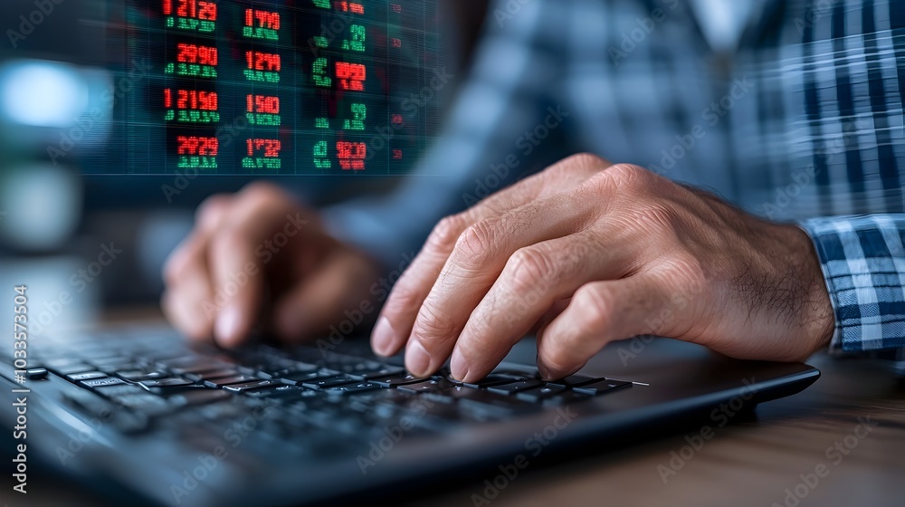 Close up view of a person s hands typing financial data and market information into a trading terminal or computer system for detailed analysis research and investment decisions Close up view of a person s hands typing financial data and market information into a trading terminal or computer system for detailed analysis research and investment decisions