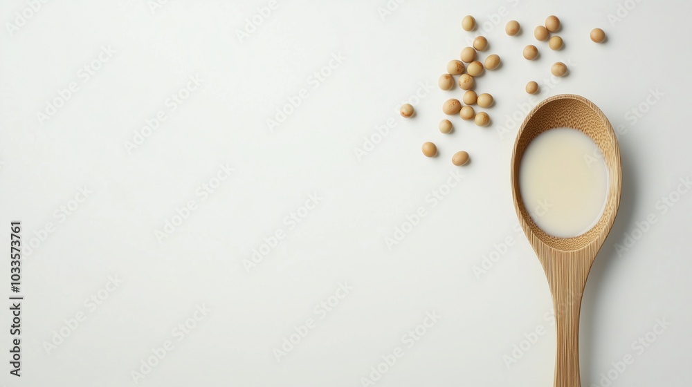 Spoon soy milk soybeans, wooden spoon, scattered soybeans, minimalistic design Spoon soy milk soybeans, wooden spoon, scattered soybeans, minimalistic design