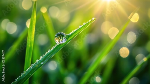 A close-up of a water droplet on grass, illuminated by sunlight, showcasing nature's beauty.