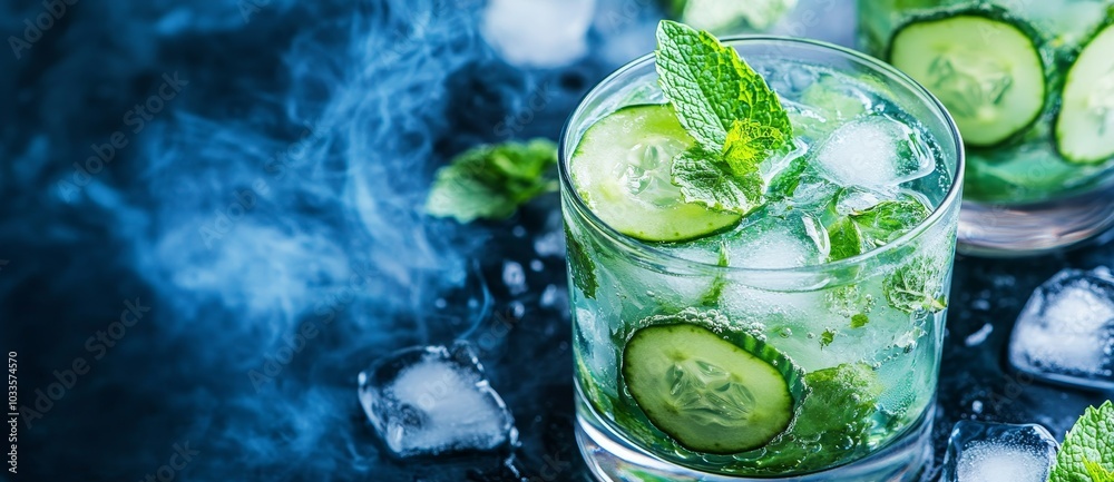 This misted gin and tonic is served on a weathered background with garnishes of lime cucumber and juniper This misted gin and tonic is served on a weathered background with garnishes of lime cucumber and juniper