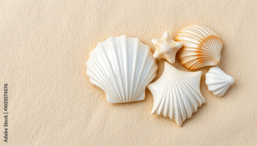 White Seashells on Sandy Beach Background White Seashells on Sandy Beach Background