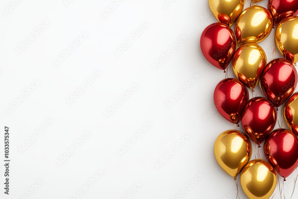 On a white background, a 3D render of red and gold balloons is shown On a white background, a 3D render of red and gold balloons is shown