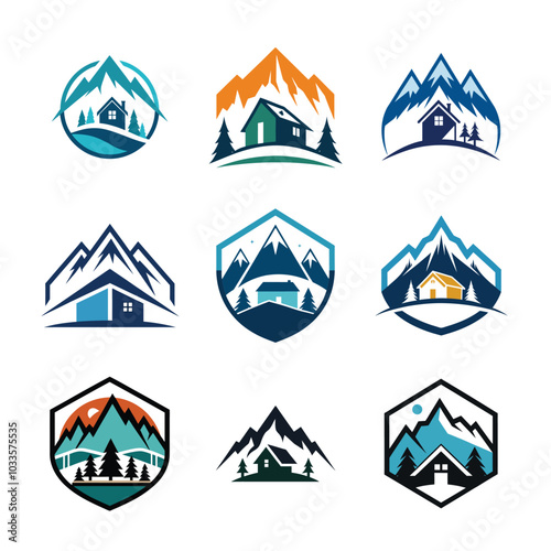 Set of January ski lodge retreat logo vector illustrations on a white background