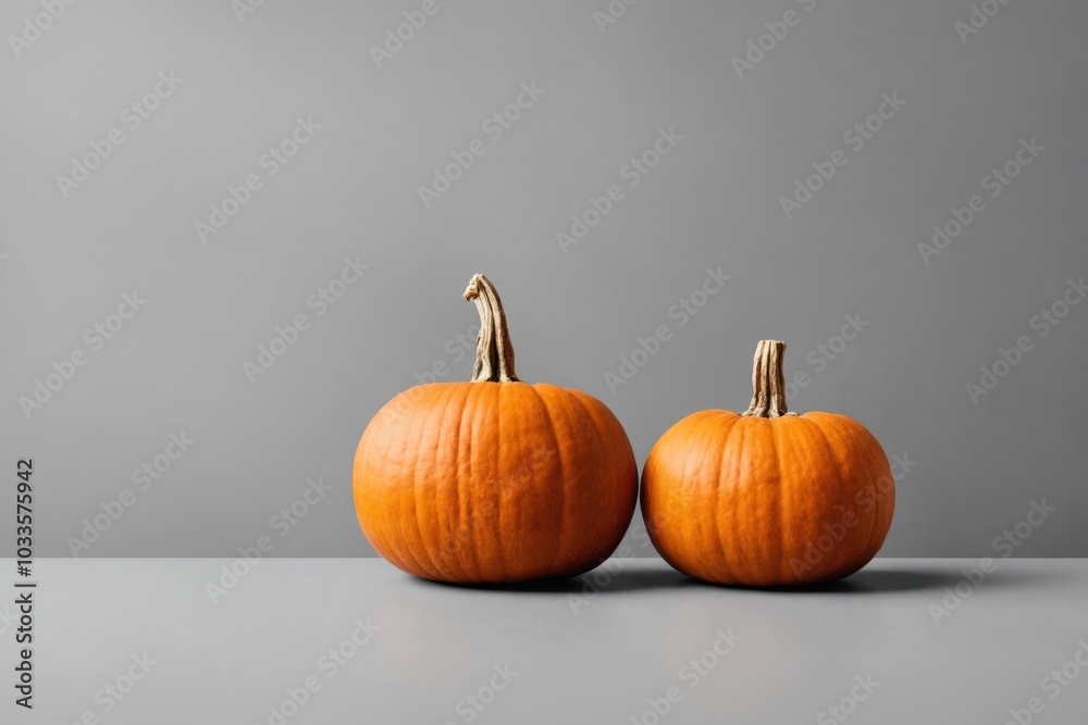Two pumpkins resting on a gray surface against a gray background Two pumpkins resting on a gray surface against a gray background