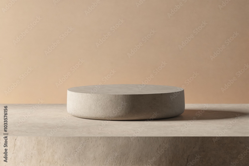 Beige textured background with a round concrete pedestal