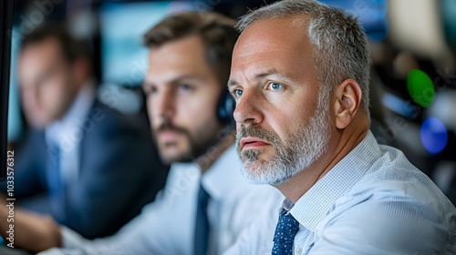 market analyst closely monitoring financial data and analytics displayed on multiple computer screens in a modern office workspace