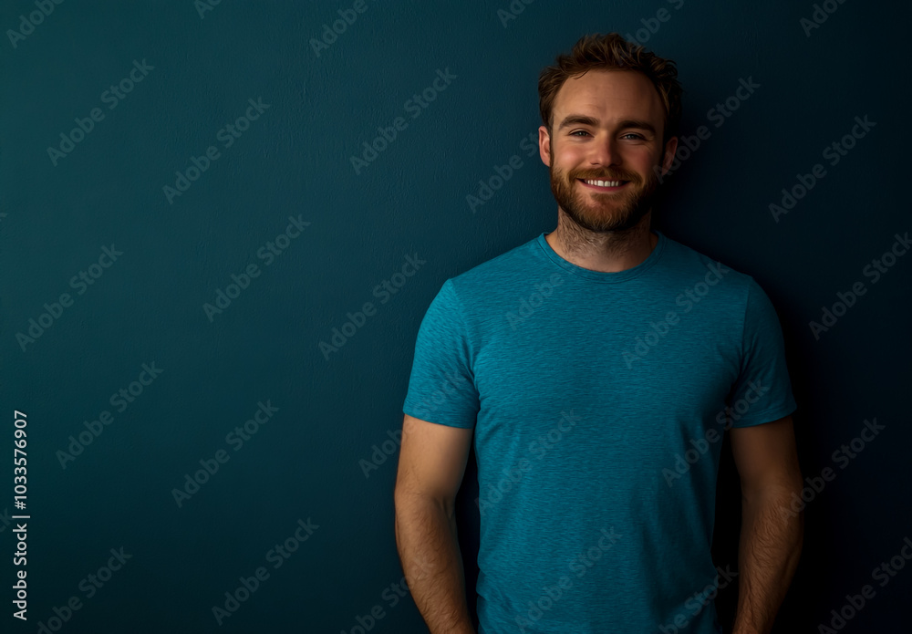A handsome man with short hair and a beard, wearing a blue T-shirt, standing and smiling at the camera. A handsome man with short hair and a beard, wearing a blue T-shirt, standing and smiling at the camera.