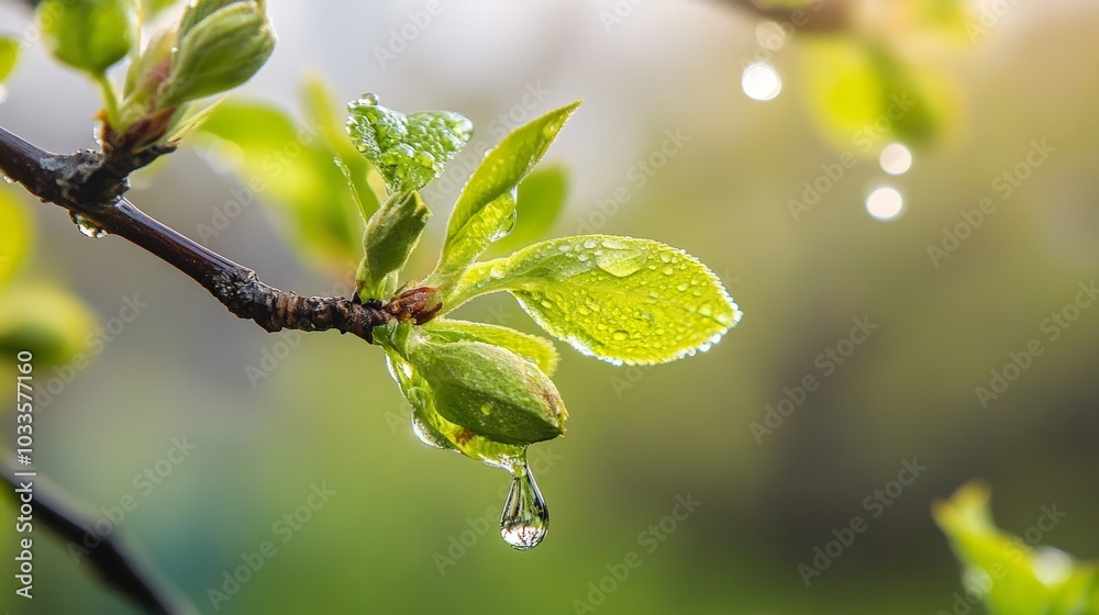 Water Droplet on Green Leaf Bud in Nature Water Droplet on Green Leaf Bud in Nature