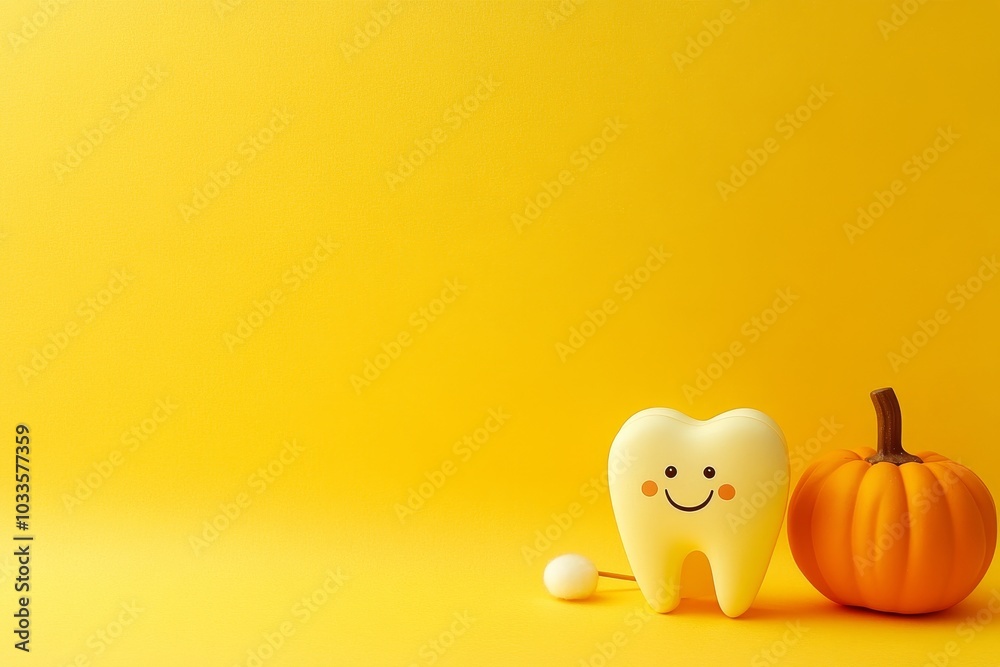 The illustration shows a tooth figurine and dental tools on yellow background with pumpkins and a broom nearby. The illustration shows a tooth figurine and dental tools on yellow background with pumpkins and a broom nearby.