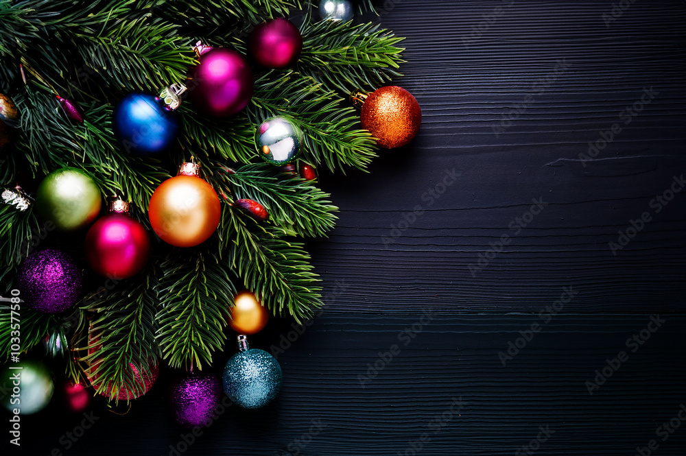 Tannengrün mit bunten Weihnachtskugeln zur Dekoration zu Weihnachten Tannengrün mit bunten Weihnachtskugeln zur Dekoration zu Weihnachten