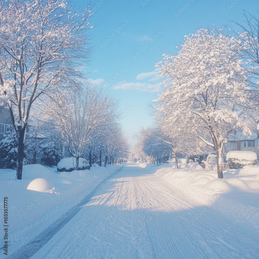 Obraz premium A serene winter scene featuring a snow-covered street and trees.