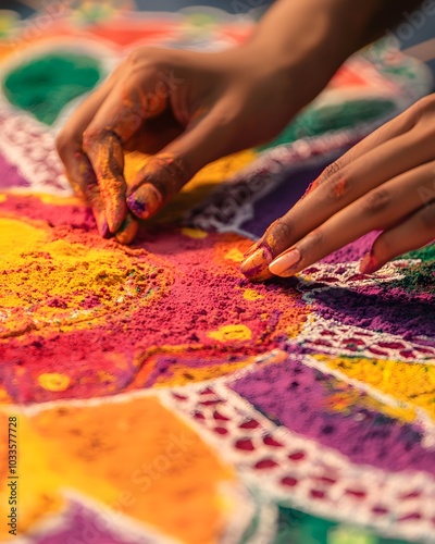 Close-Up of Hands Painting Traditional Diwali Rangoli