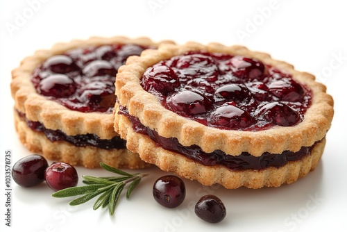 Christmas Linzer cookies with white background and sweet jam