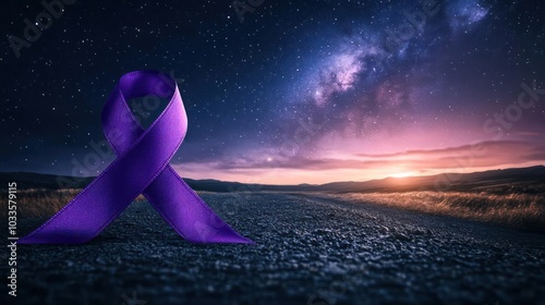 Beautiful image of a purple ribbon, symbolizing support for cancer awareness or survivorship, photo