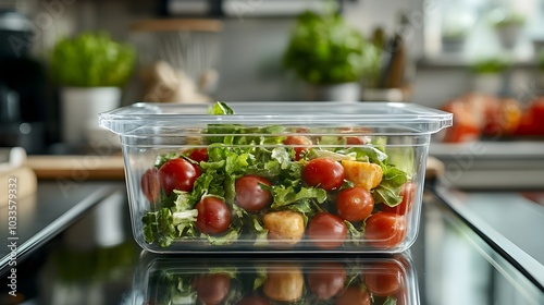 A transparent food container with crisp salad, reflections from the glass table below, minimalist kitchen setting, bright natural light, photorealistic, wide-angle shot