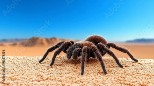 A close-up of a tarantula on sandy terrain with a clear blue sky in the background. photo