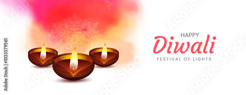Happy diwali festival banner with diya design and water color background