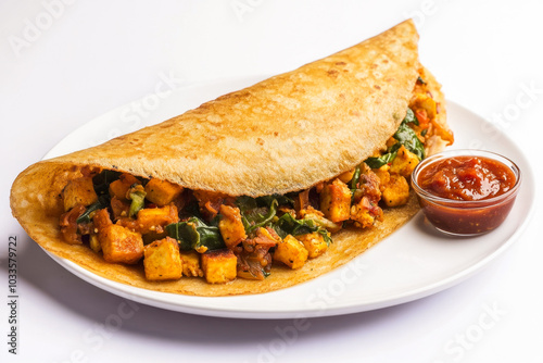 Indian folded dosa, a national nutritious vegetable dish on a plate. dish of red chutney is on the right-hand side. delicious spicy food, loved by the people of India. photo