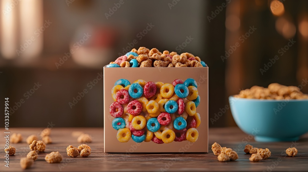 A vibrant cereal box with colorful fruit illustrations, placed on a rustic wooden table, next to a bowl of cereal, hyperrealistic, isolated on white background A vibrant cereal box with colorful fruit illustrations, placed on a rustic wooden table, next to a bowl of cereal, hyperrealistic, isolated on white background