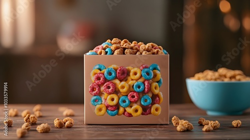 A vibrant cereal box with colorful fruit illustrations, placed on a rustic wooden table, next to a bowl of cereal, hyperrealistic, isolated on white background