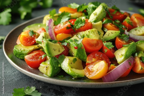 A plate of vibrant avocado salad with cherry tomatoes, red onion, and cilantro, drizzled with olive oil. Ample copy space for restaurant menus or healthy eating campaigns.