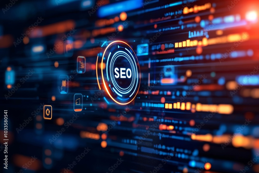 Obraz premium A vibrant digital illustration featuring glowing data streams and a prominent SEO symbol, representing the intersection of technology and search optimization.