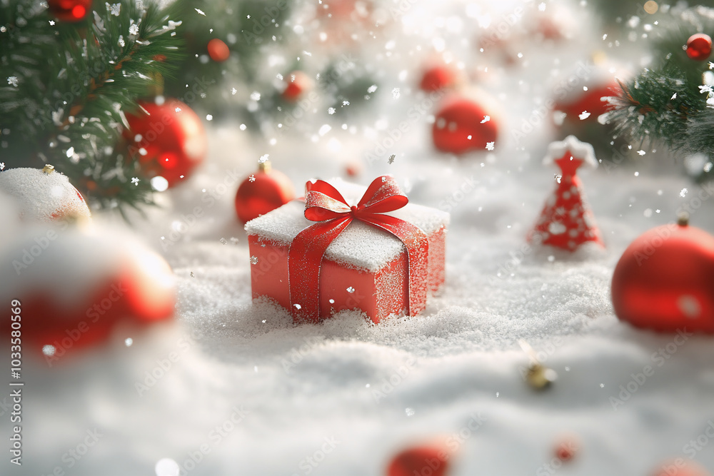 Christmas abstract background with snow, presents, Christmas tree in 3d style