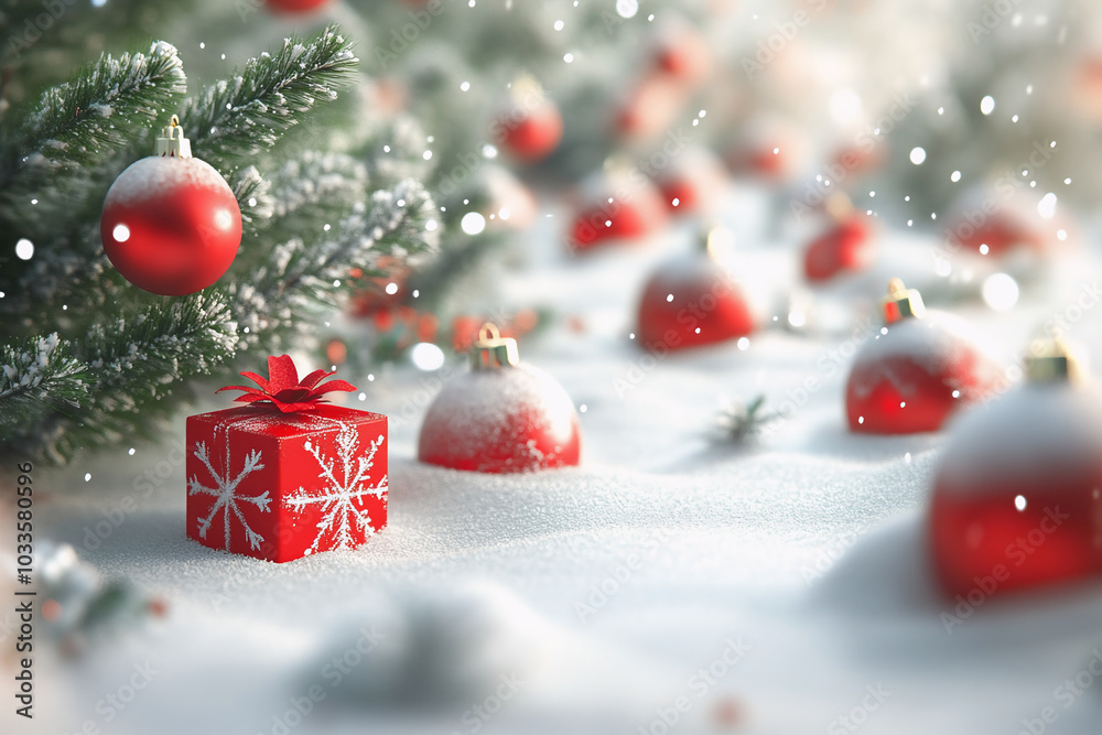 Christmas abstract background with snow, presents, Christmas tree in 3d style