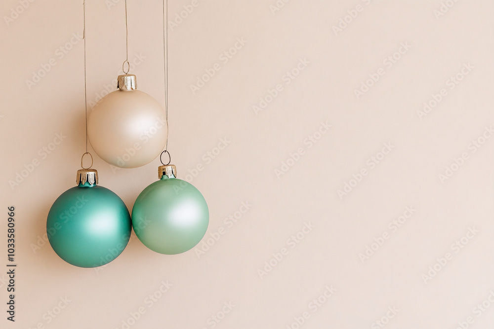 Minimalist hanging elegant pastel Christmas balls on beige pastel color Minimalist hanging elegant pastel Christmas balls on beige pastel color