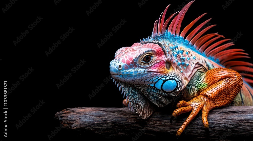 A colorful iguana resting on a branch against a dark background.