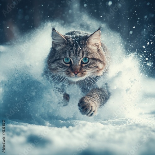 A cat playfully running through a snowy landscape.