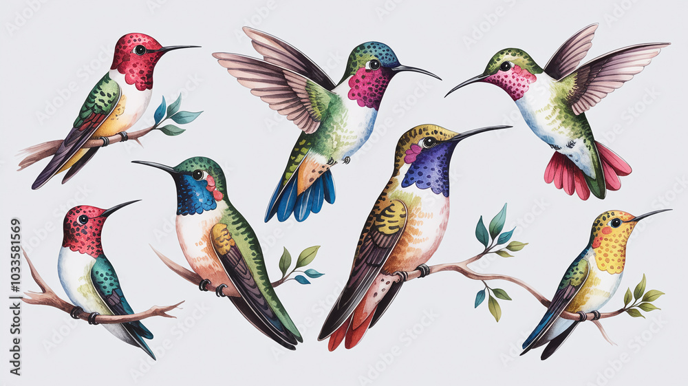 Obraz premium Set of birds hand-painted watercolor Isolated on white background, birds clipart. with white background