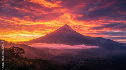 A vibrant sunrise with rich hues of orange and pink over a mountain peak, symbolizing new beginnings and the dawn of a fresh day