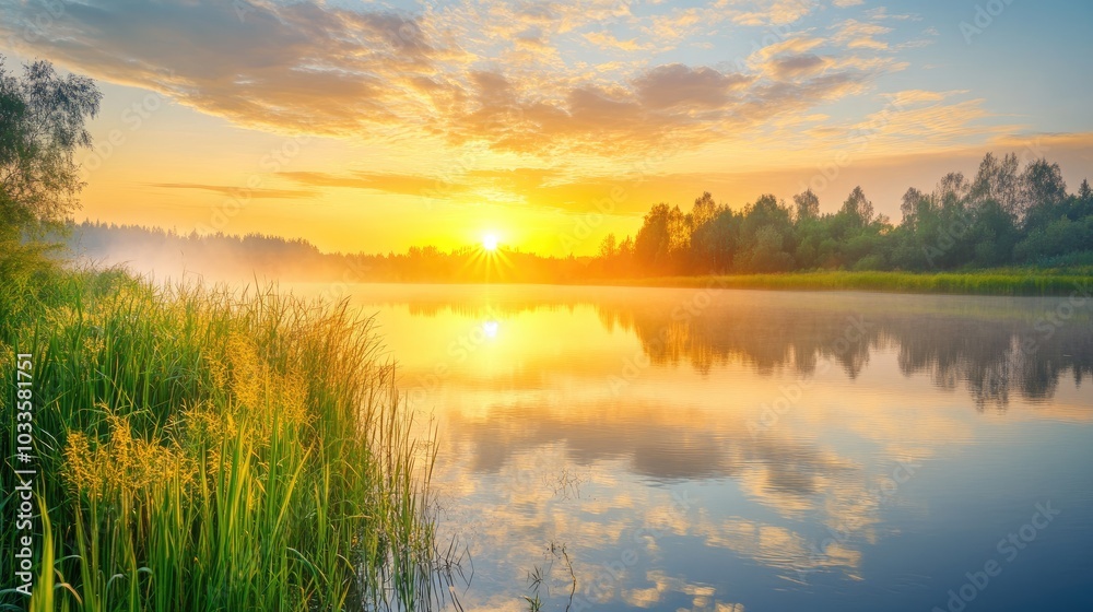 A beautiful sunrise over a calm river, with the warm glow of the sun reflecting on the water, symbolizing the start of a new journey A beautiful sunrise over a calm river, with the warm glow of the sun reflecting on the water, symbolizing the start of a new journey