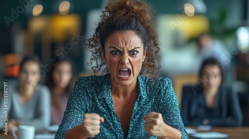 curly hispanic woman angry in office