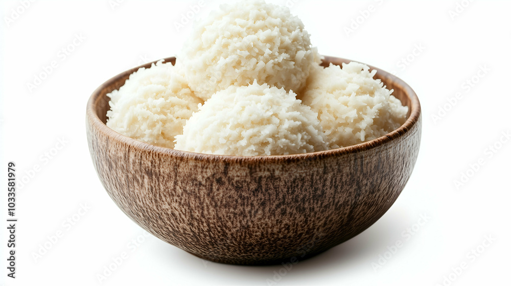 A wooden bowl filled with coconut-flavored snowball-shaped desserts. The fluffy white texture and fine coconut shavings give a soft and sweet appearance, perfect as a light, tropical treat. A wooden bowl filled with coconut-flavored snowball-shaped desserts. The fluffy white texture and fine coconut shavings give a soft and sweet appearance, perfect as a light, tropical treat.