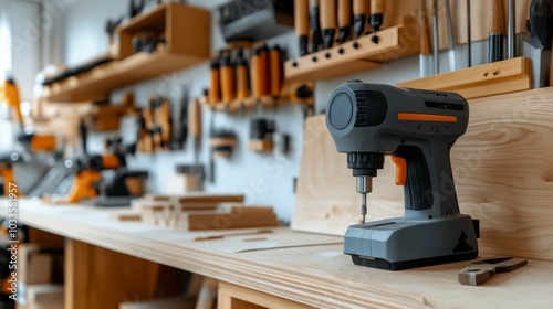 A cordless drill on a workbench surrounded by various woodworking tools.