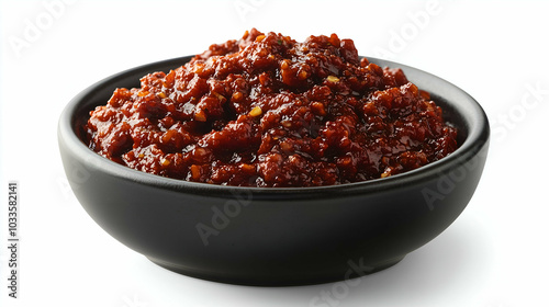 Obraz na płótnie A bowl of spicy chili paste in a black dish. The deep red color of the paste highlights its rich, flavorful ingredients, with visible bits of chili and spices. Perfect for adding heat to any dish. w salonie