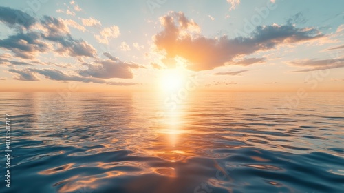 A majestic sunrise over a tranquil sea, with golden sunlight reflecting on the water, representing the promise of a new start