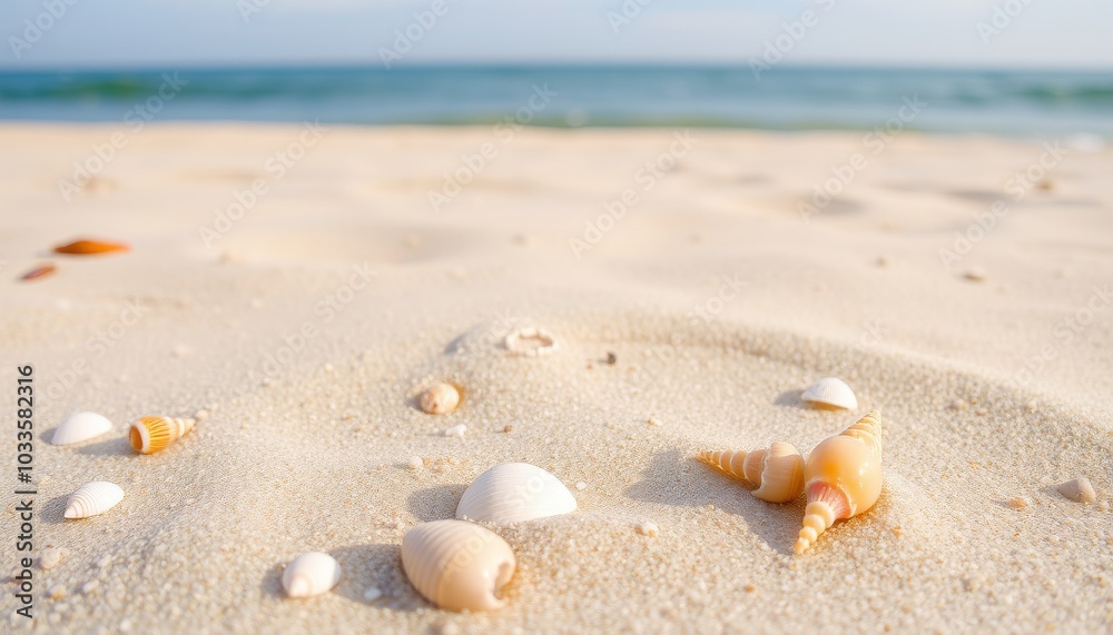 Seashells on Sandy Beach at Dawn Seashells on Sandy Beach at Dawn