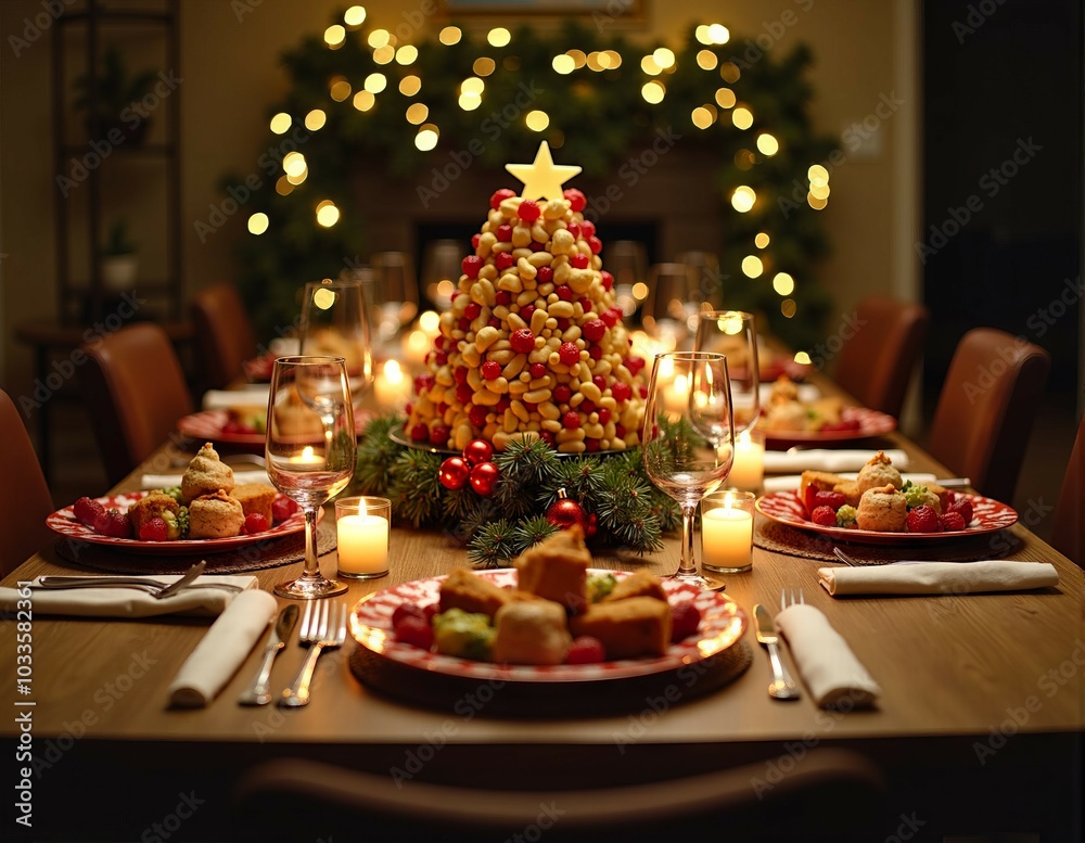 Festive holiday dinner table with candlelight and christmas tree centerpiece Festive holiday dinner table with candlelight and christmas tree centerpiece