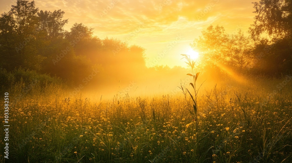 A peaceful sunrise over a misty meadow, with soft golden light symbolizing hope, renewal, and the beginning of a new day A peaceful sunrise over a misty meadow, with soft golden light symbolizing hope, renewal, and the beginning of a new day
