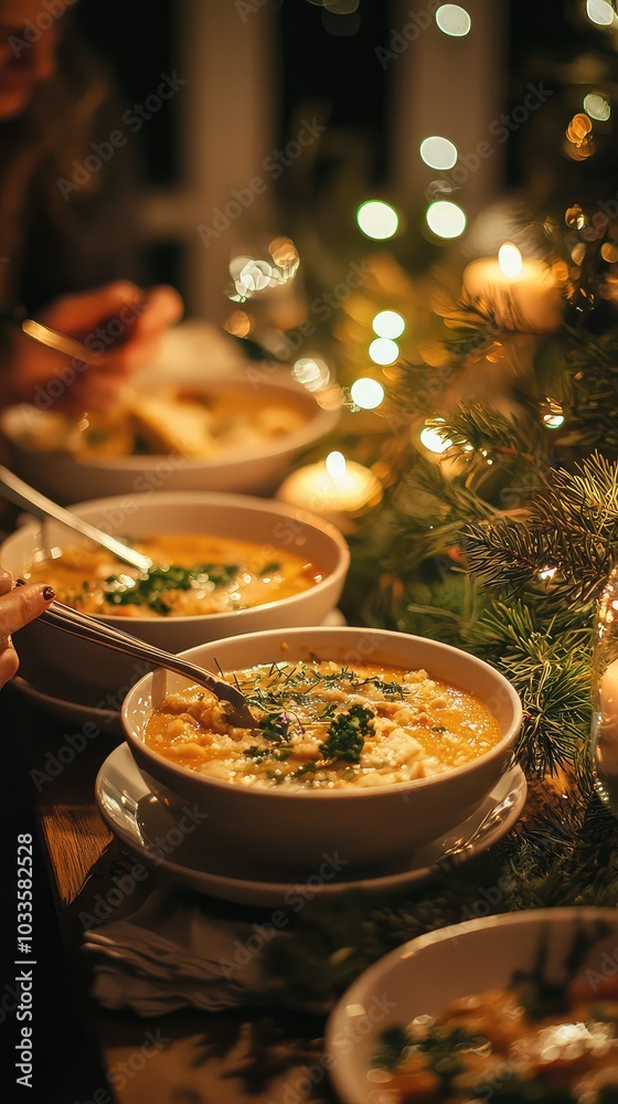 Family Gathering Around Warm Bowls of Soup Family Gathering Around Warm Bowls of Soup